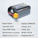 Auline 21700 40T 4000mAh 6S 35A 22.2V Li-ion Battery XT60